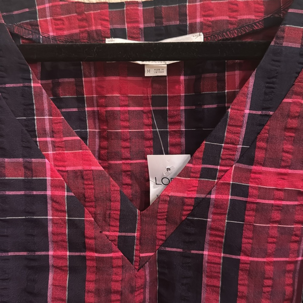 LOFT Plaid‎ Ballon Sleeve V Neck Top Size Medium NWT - Picture 4 of 5